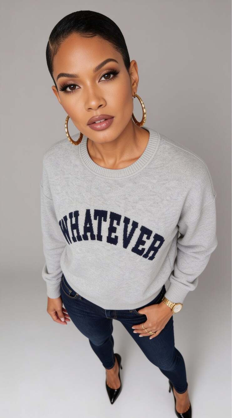 Gray “Whatever” Graphic Knit Sweater